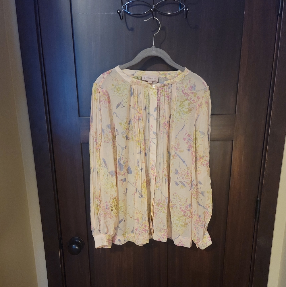 EUC Women's Philosophy Republic Chiffon Sheer Pink Floral Blouse Top Size Large